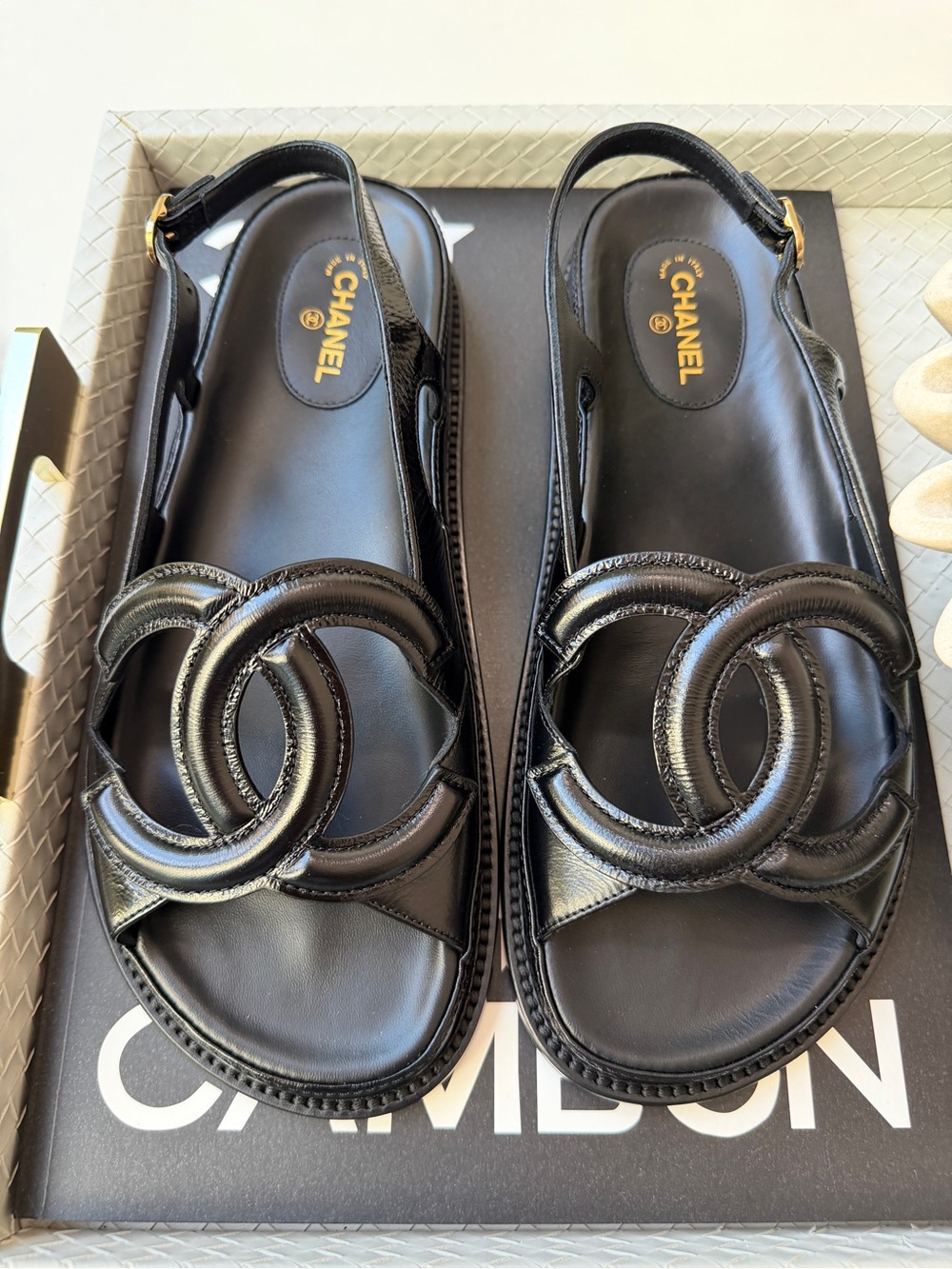 Chanel Blazy Crumpled Shiny Lambskin Leather Black CC Logo Dad Sandals 38.5 C